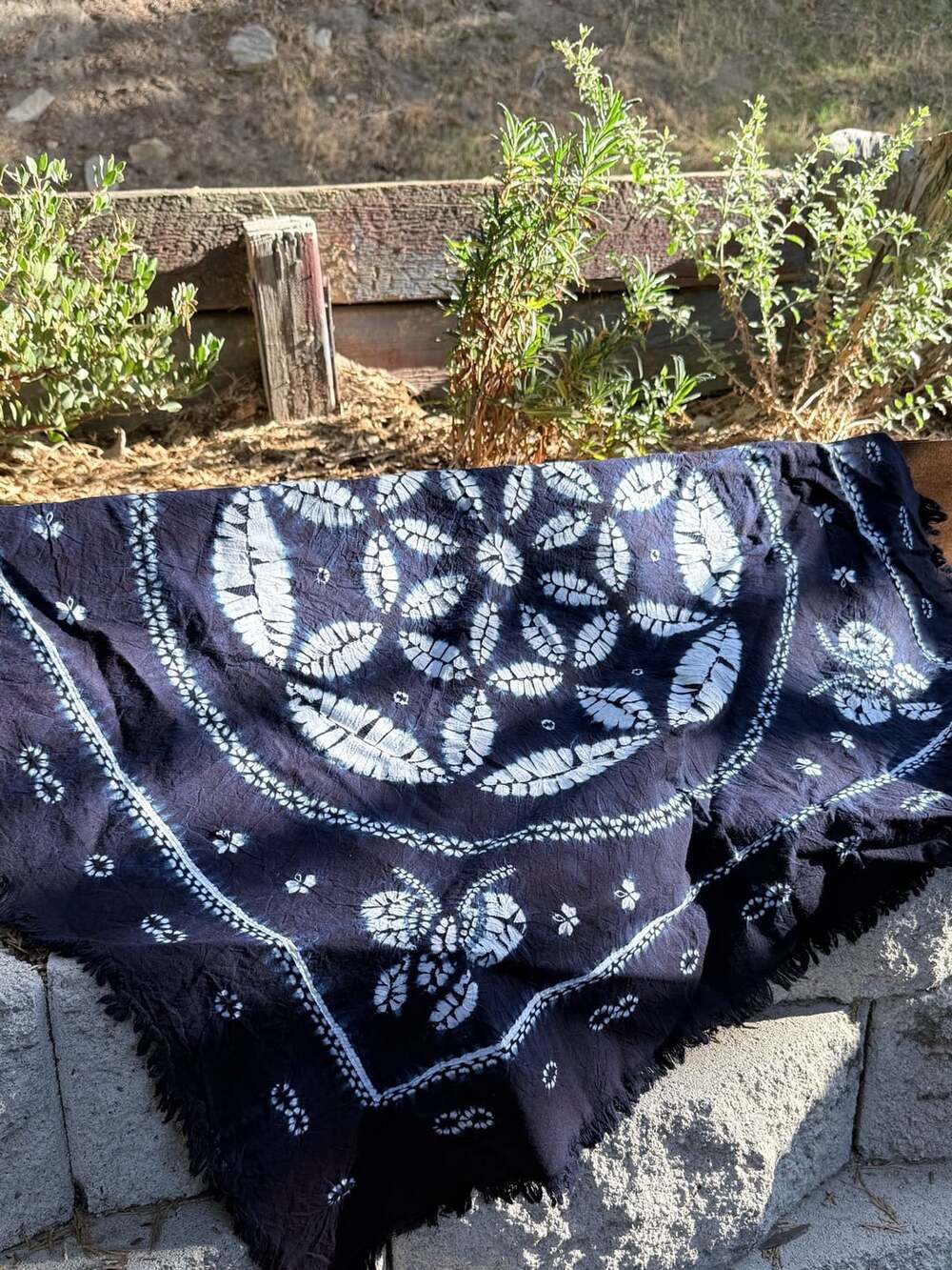 Indigo Shibori Tie Dye Cotton Tablecloth Tapestry Blue White Floral Fringed